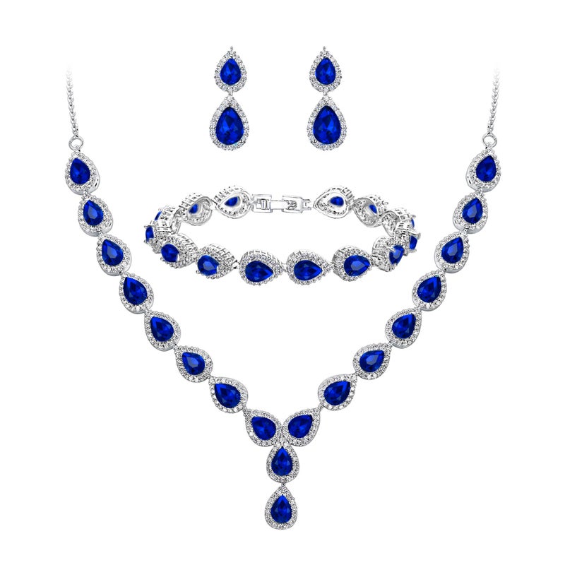BriLove Wedding Bridal CZ Jewelry Set for Women Teardrop Infinity Figure 8 Y-Necklace Tennis Bracelet Dangle Earrings Sapphire Color Silver-Tone September Birthstone - Image 1